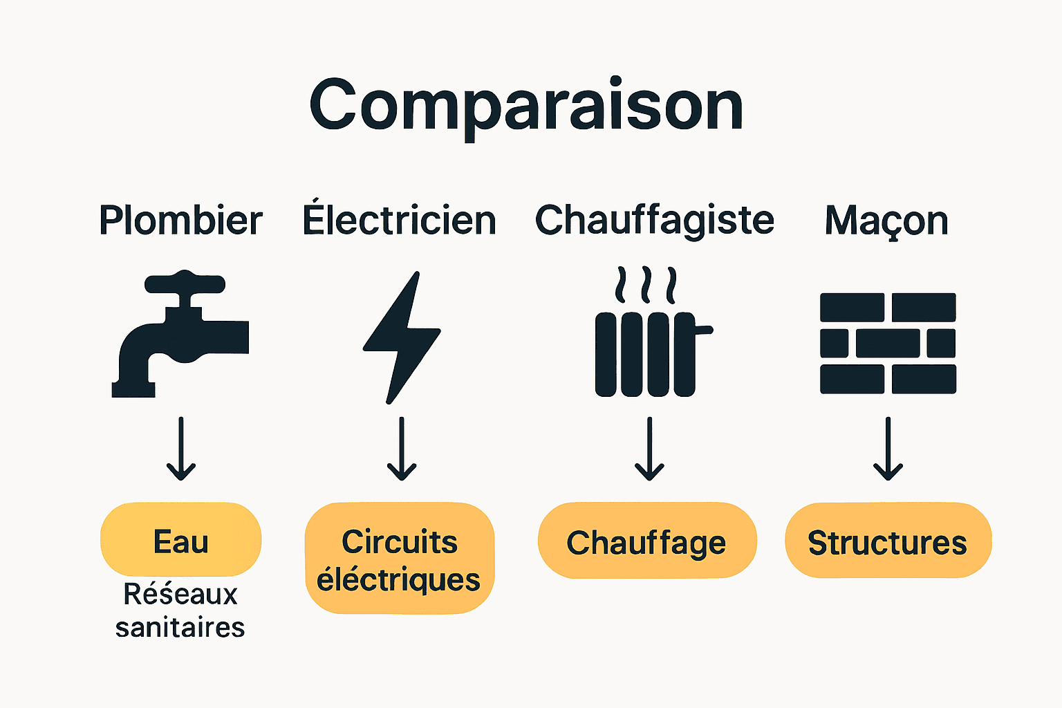 Infographie comparant les rôles du plombier, électricien, chauffagiste et maçon