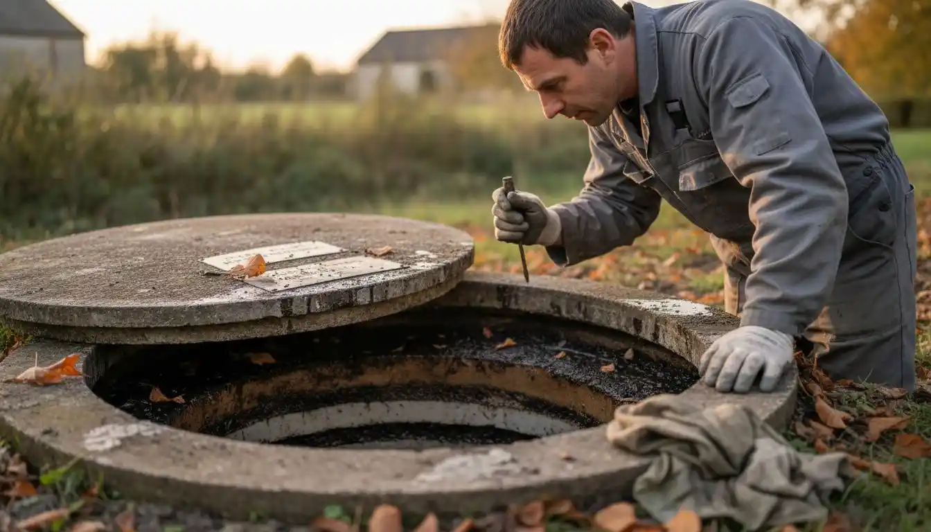 Professionnel en train de contrôler le bon fonctionnement de la fosse septique
