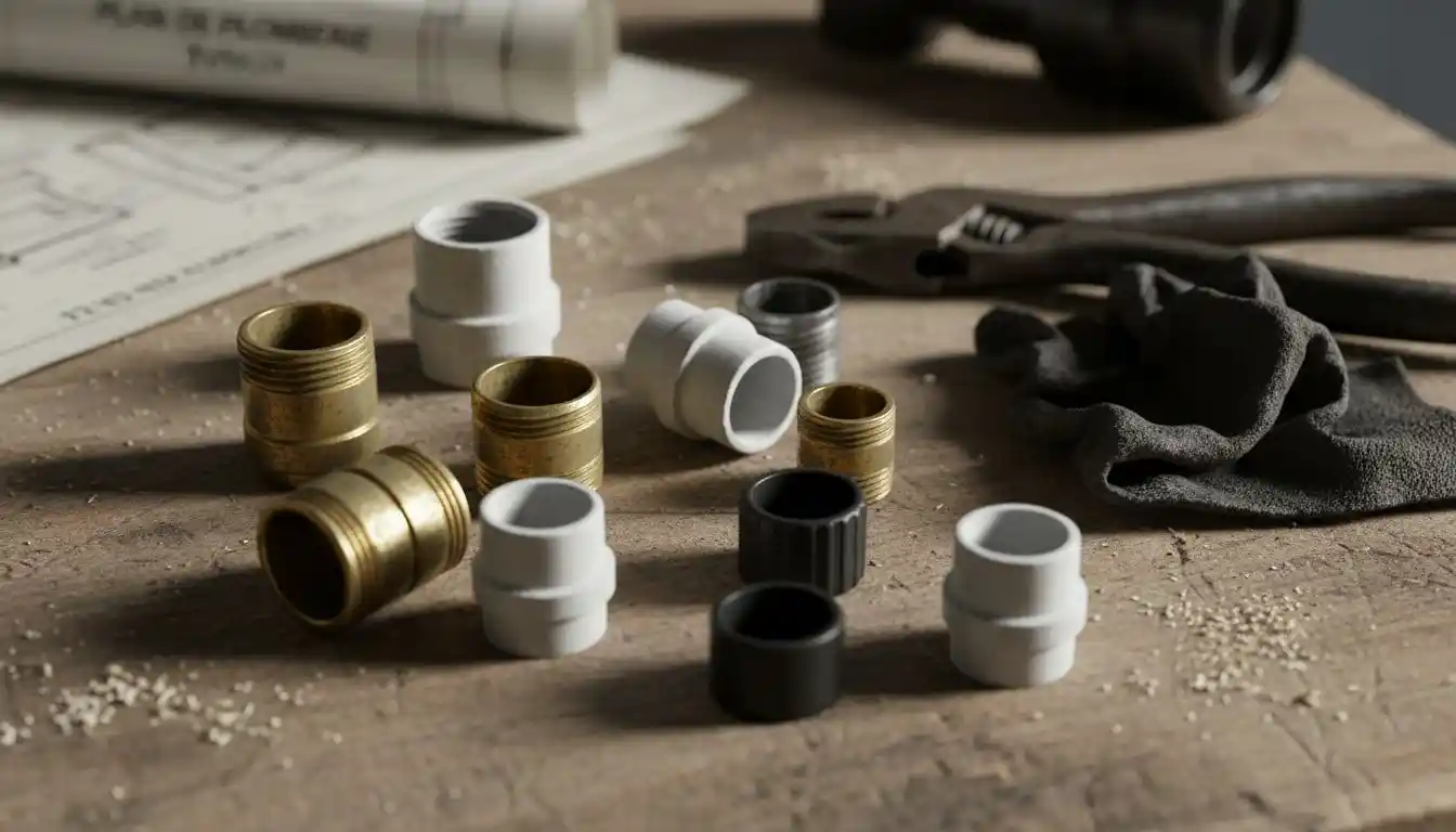 Différents bouchons de plomberie disposés sur l’établi
