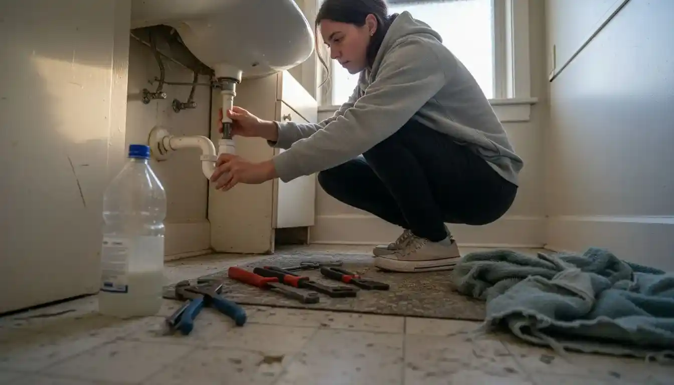 Femme en train de déboucher le siphon du lavabo