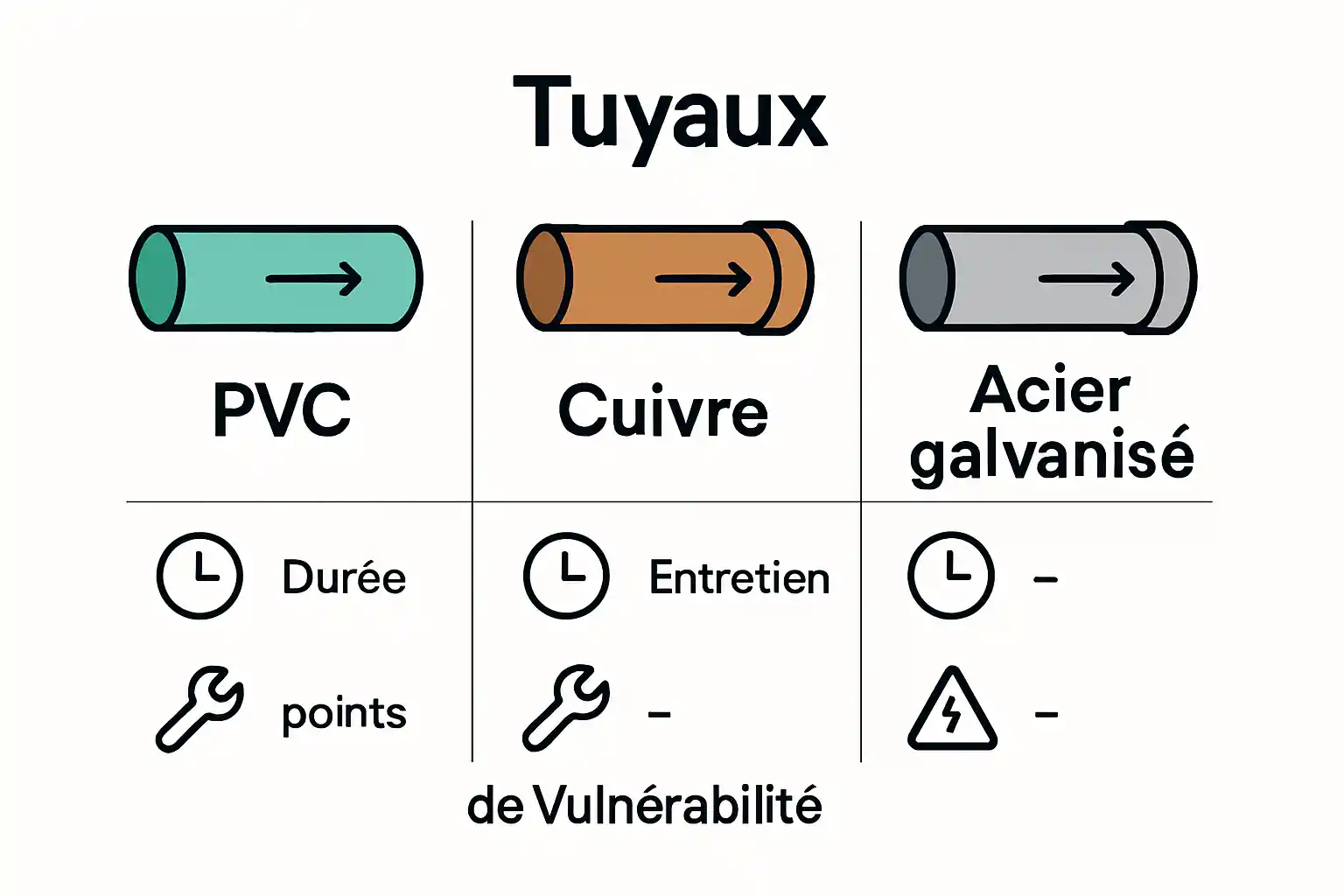 Infographie comparative de trois matériaux de tuyauterie
