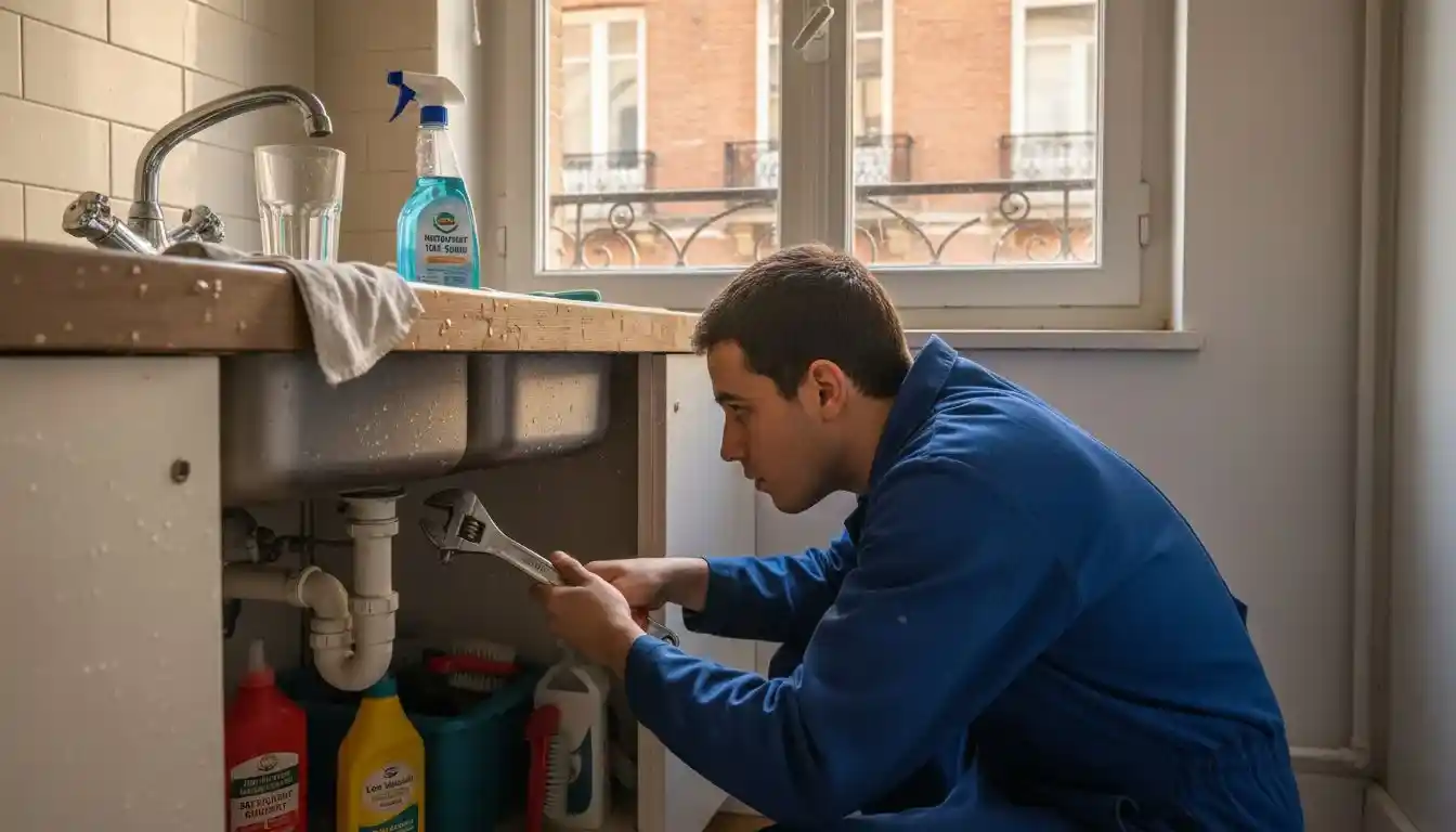 Un plombier procède à l'installation de la tuyauterie dans la cuisine d'un appartement en Belgique.