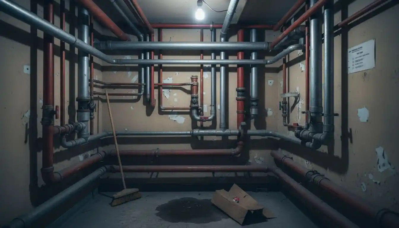 Installation de plomberie particulièrement élaborée dans le local technique