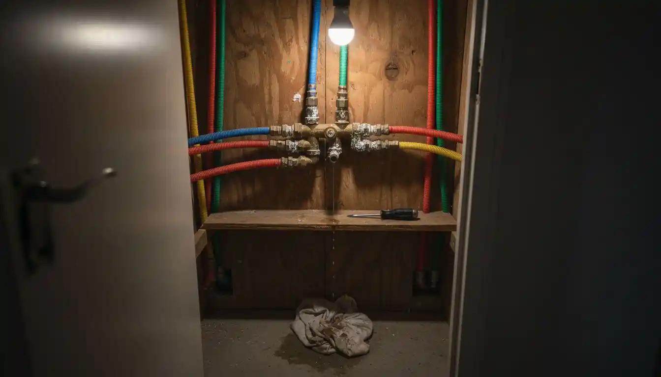 Installation d’un collecteur relié à des tuyaux PER, discrètement intégré dans le placard technique.