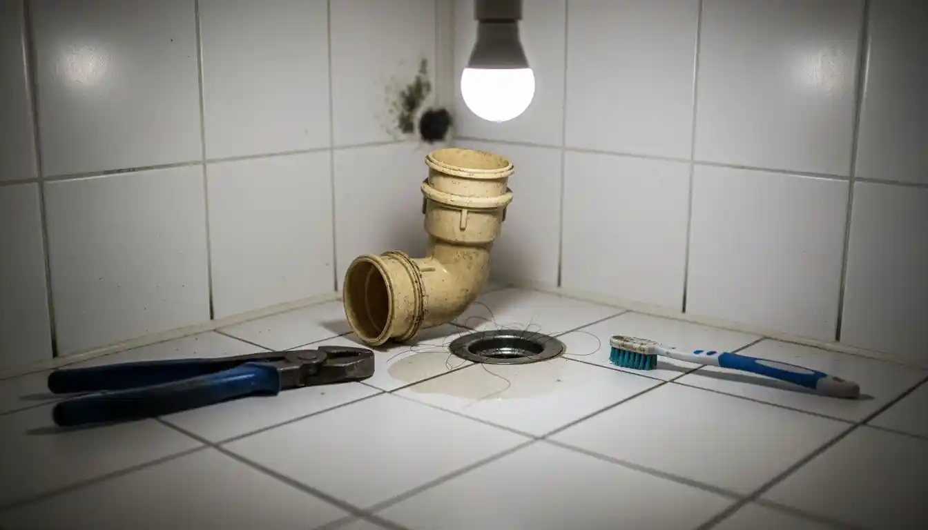 Le siphon a été démonté car il était bouché, il y a des outils un peu partout et une flaque d’eau s’est formée au sol.