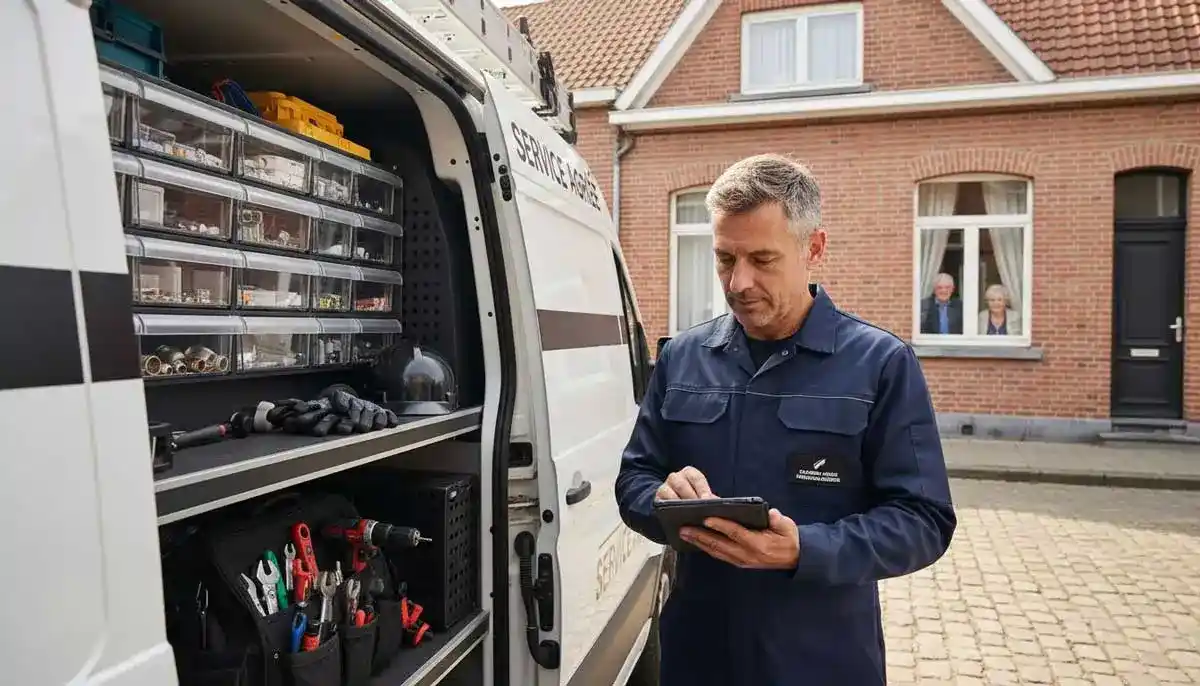 Plombier agréé prépare intervention devant maison