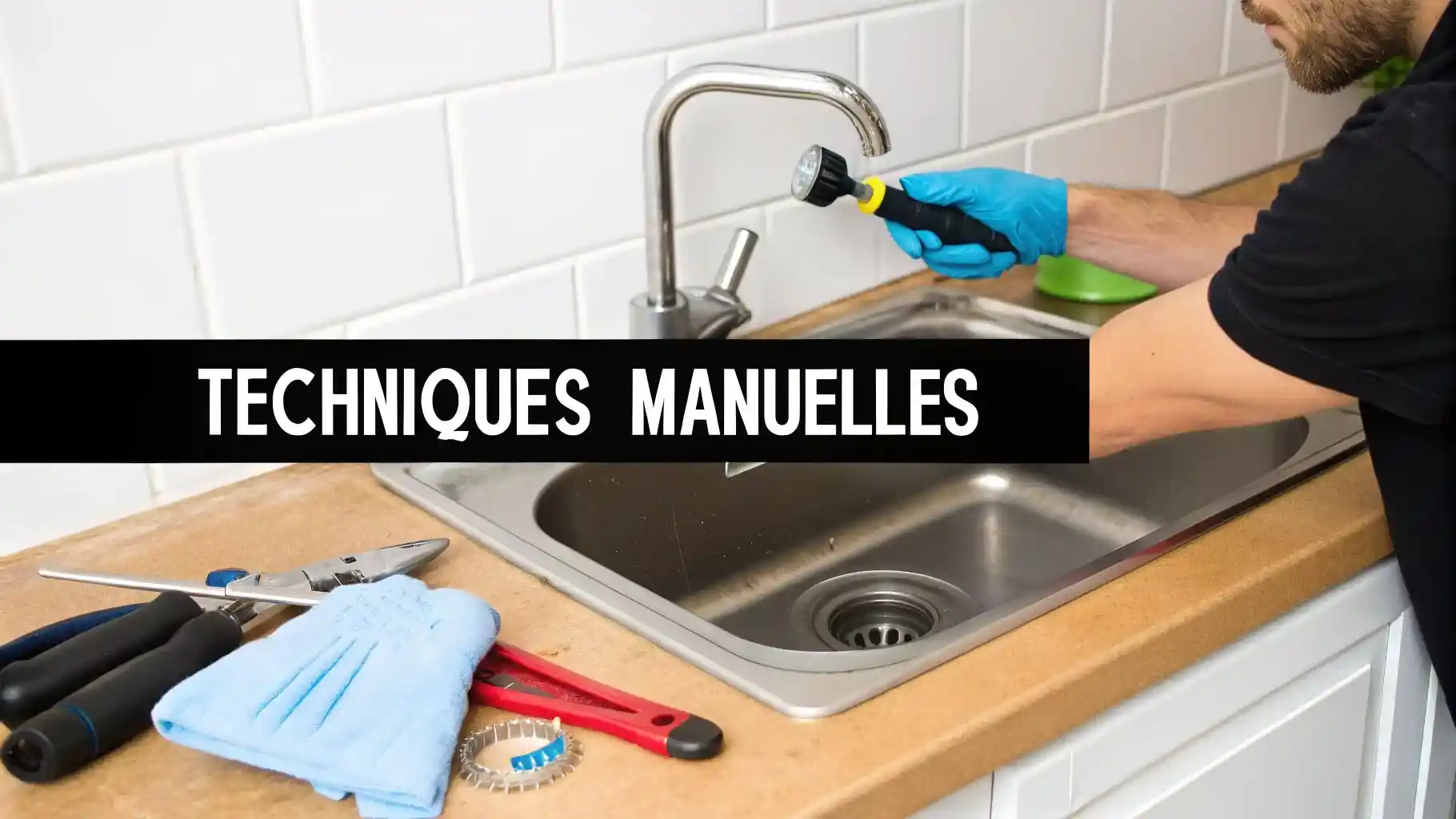 Plombier en gants bleus inspectant un évier de cuisine avec une lampe de poche.