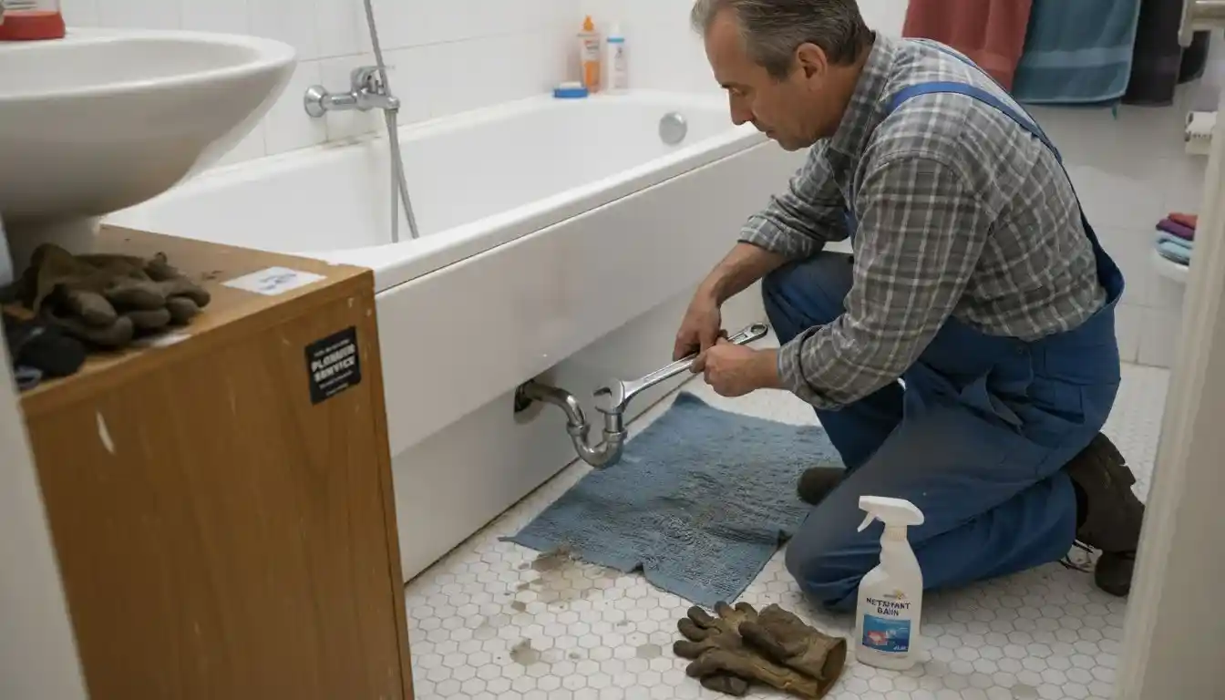 Un plombier intervient pour réparer une installation de salle de bain à domicile.