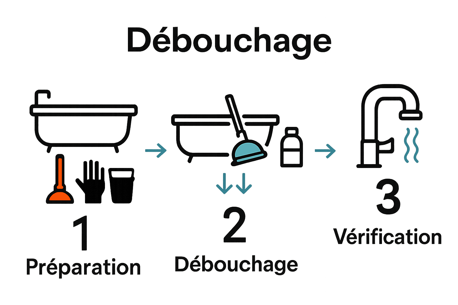 Processus visuel en 3 étapes pour déboucher une baignoire