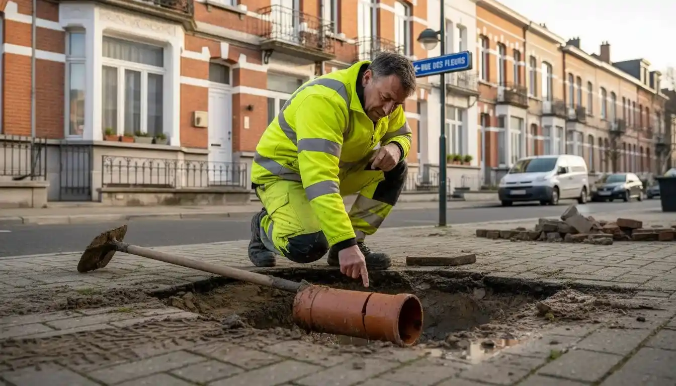 Un agent technique examine une canalisation extérieure qui fuit sur la voie publique.