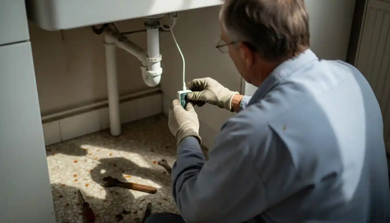 Un plombier belge procède à l’installation d’un détecteur sous l’évier.