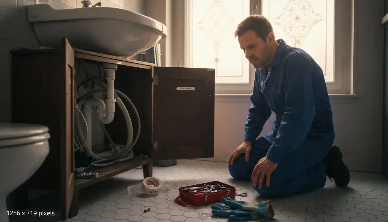 Un plombier vérifie l’état des canalisations dans la salle de bain pour s’assurer qu’il n’y a pas de fuites.
